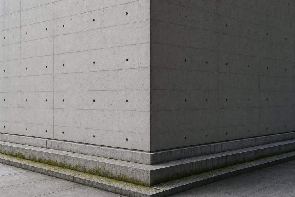 The corner of a concrete building where two blank slab faces meet at a hard vertical arris.