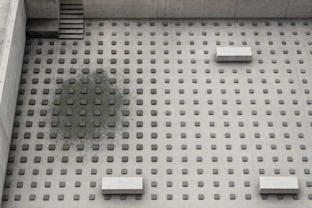 A civic plaza seen from overhead, paved in a grid of set stones with one denser cluster.