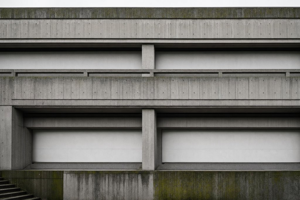 The board-formed concrete facade of a civic building, its horizontal slab bands separated by deep shadow gaps.